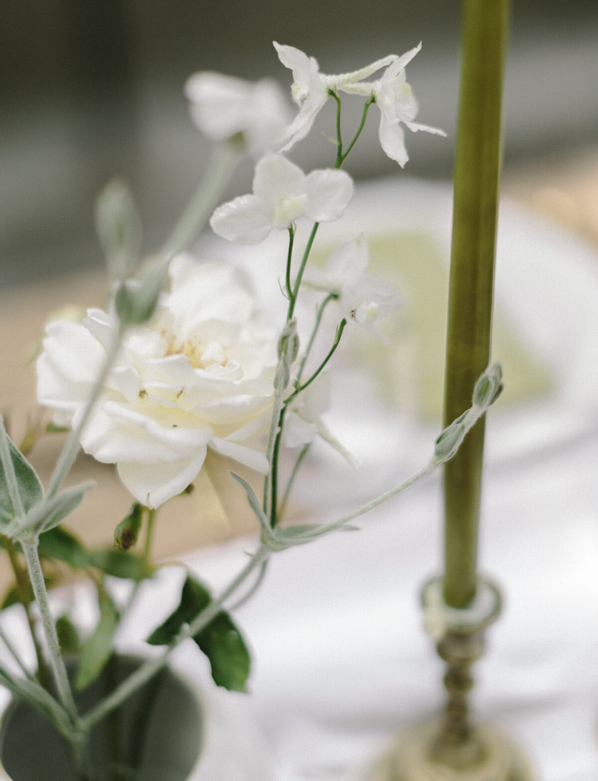 soft flower details, candles, reception design at Glass House Community