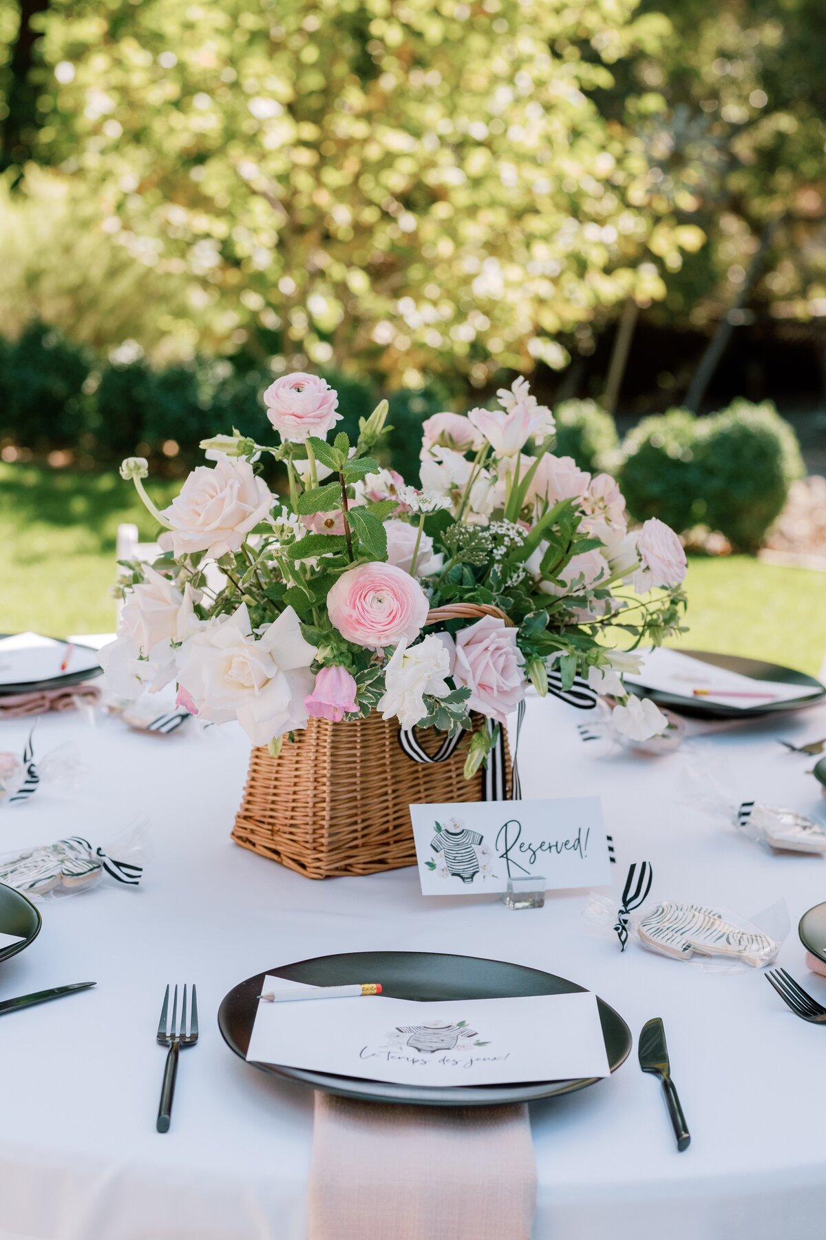 elevated blush pink  centerpiece , baby , black and white