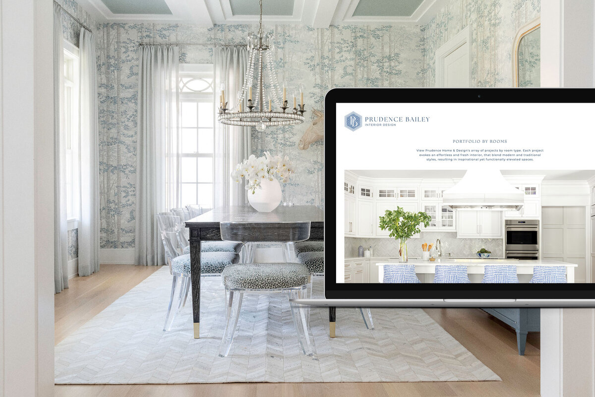 Mac Laptop mockup of Prudence Bailey Interior Design Portfolio page with dining room interior design image behind