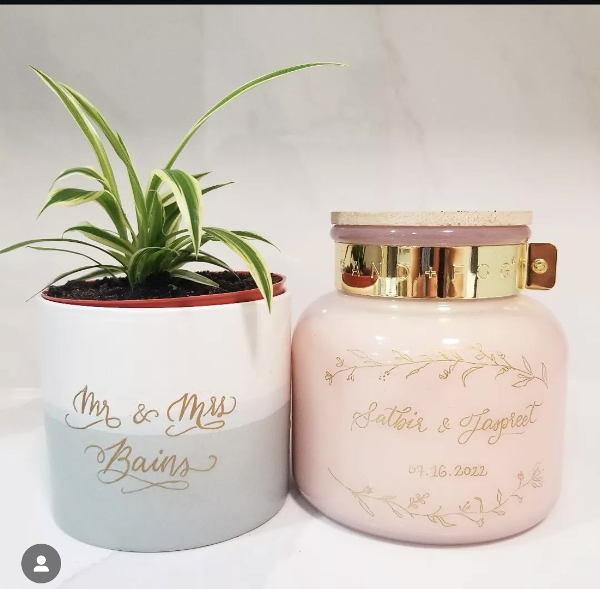 Personalized gifts: engraved plant pots and candles by live event artist Jenny Zhang
