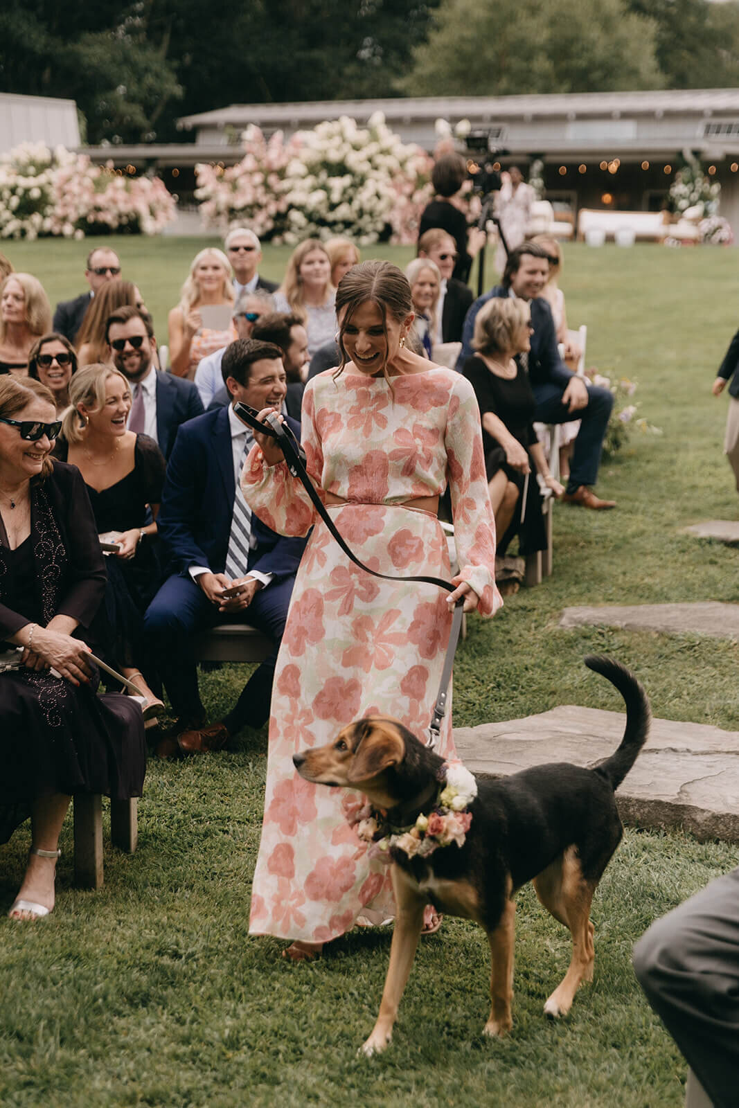 26wedding-processional-dog-flowers-guest-reactions-colorful-garden