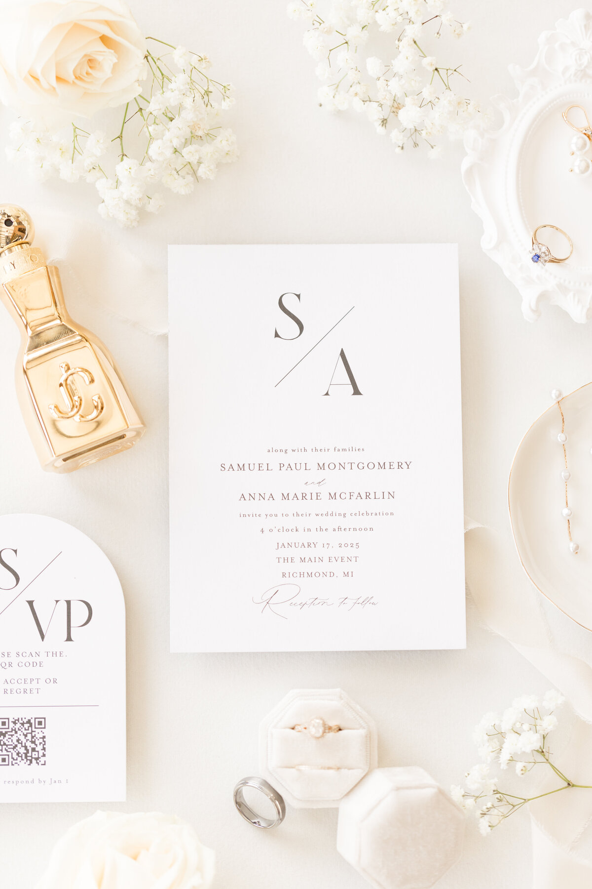 Bright and colorful wedding invitation being photographed on  wedding day. 
