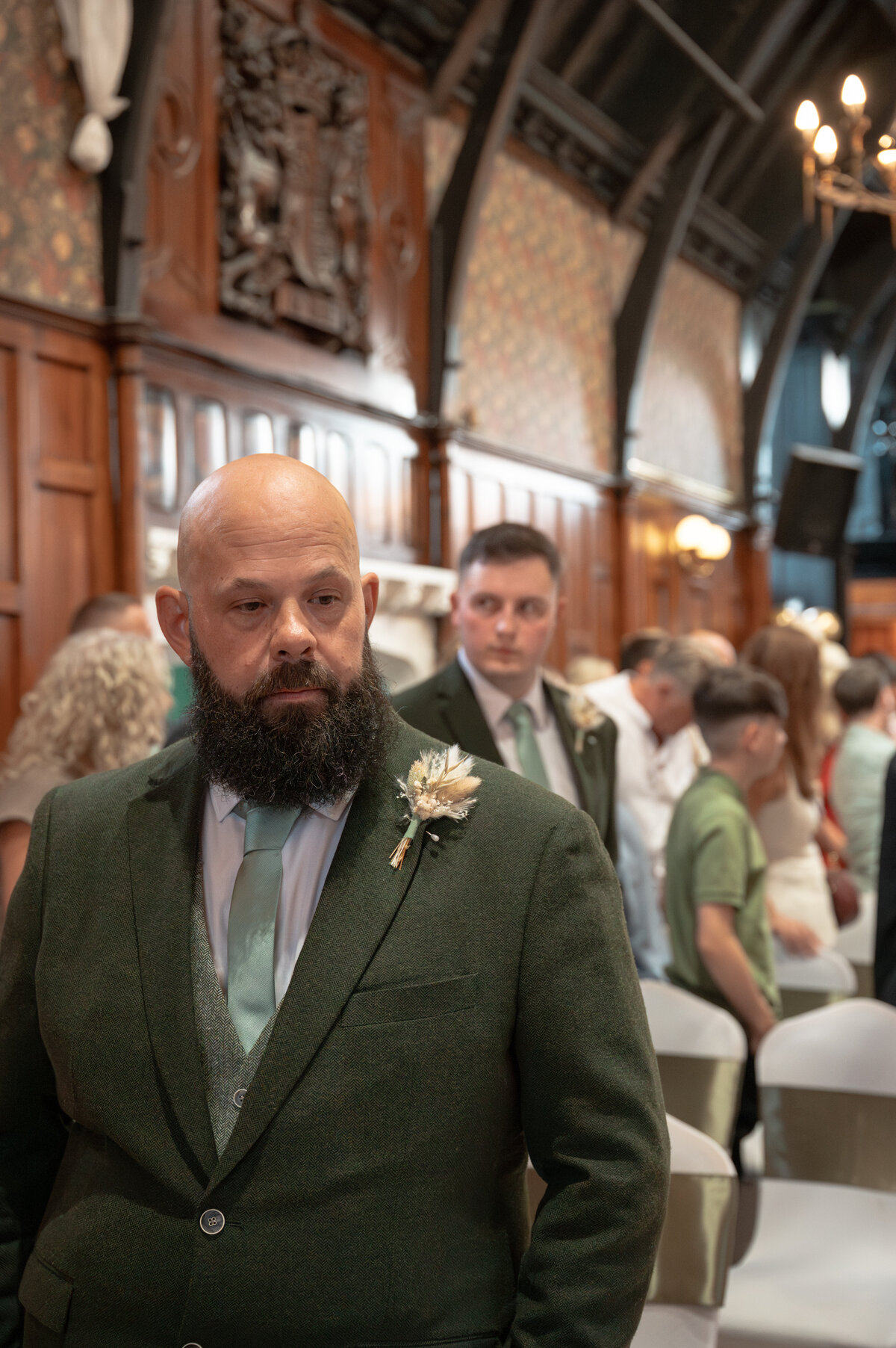 Groom's nervous reaction as bride walks down the aisle at Worsley Court House - Manchester