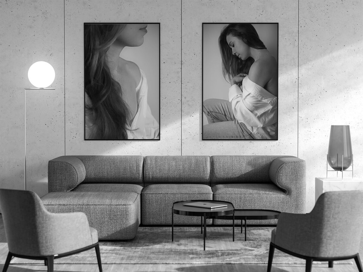 Elegant woman portraits on a wall in a stylish living room