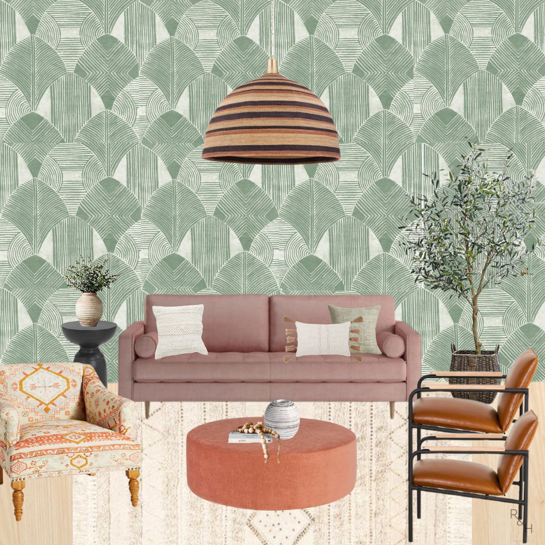 Blush and green boho eclectic living room mood board