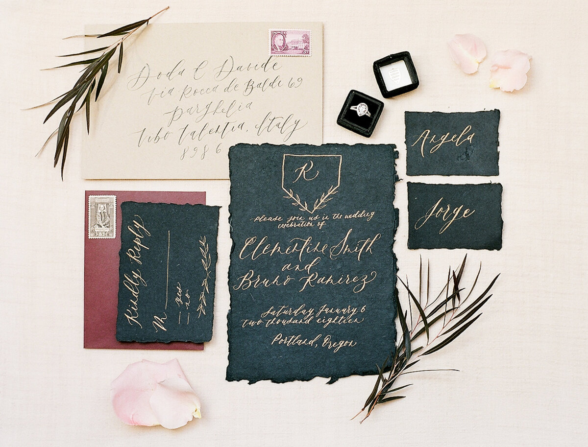 Black and maroon wedding invitation suite and accessories