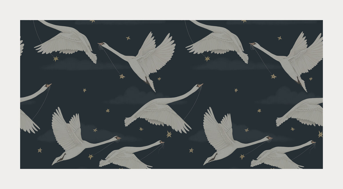 Surface pattern design of flying swans against a dark blue sky