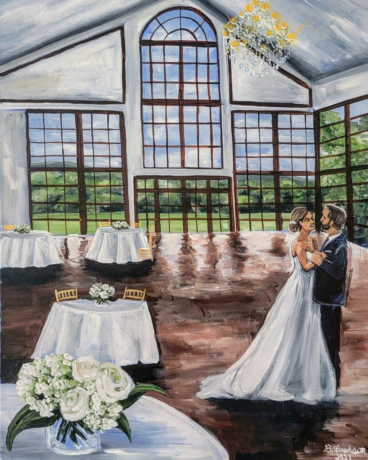 Summer live wedding painting at Raspberry Plain Manor in Leesburg, Virginia. Bride and groom share their first dance with the forest in the background.