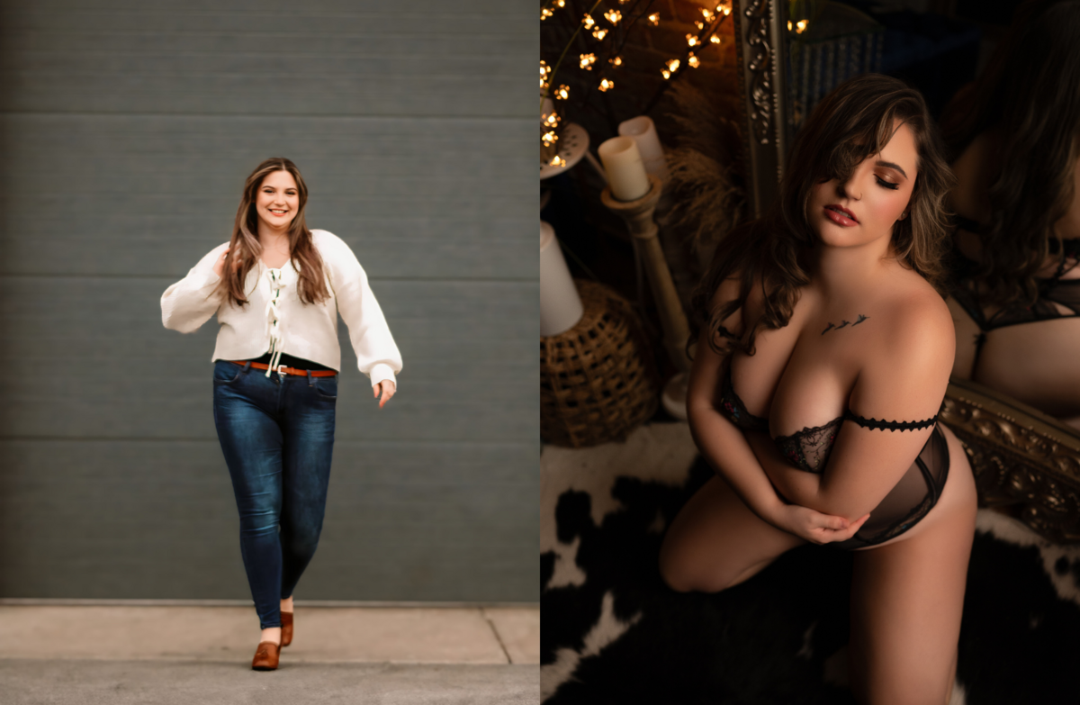 Before and after transformation showing hair and makeup from a BombShell Boudoir session