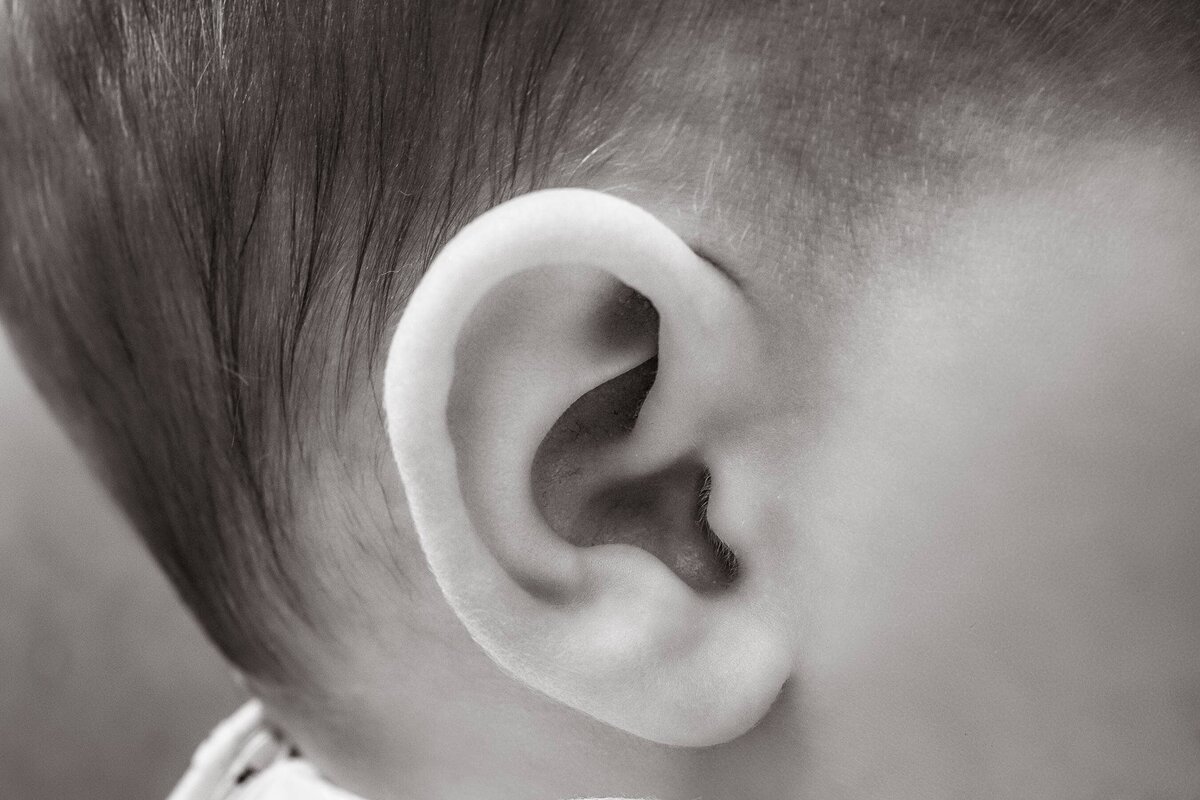 black and white closeup of newborn baby's ear
