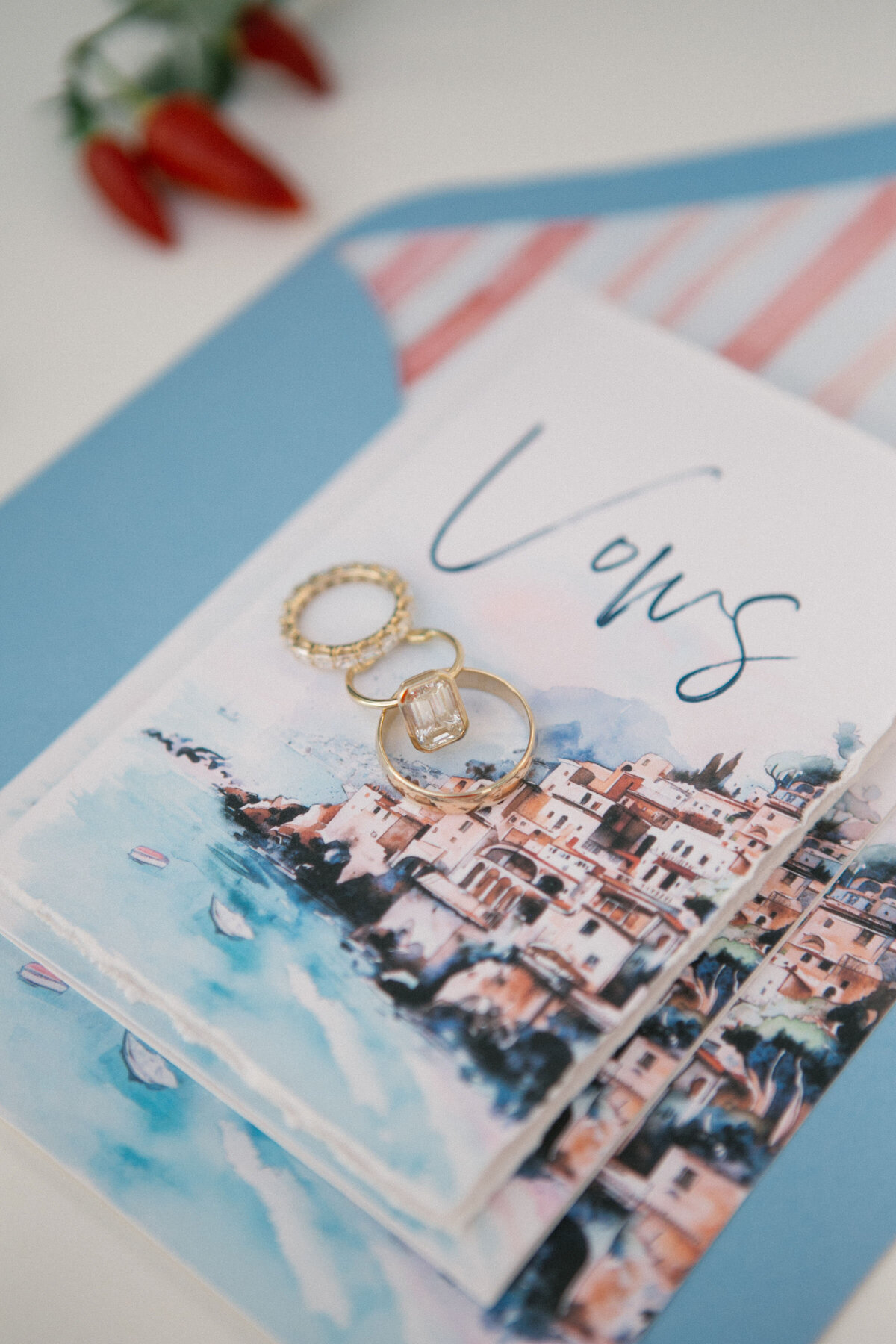 Wedding invitation styled with Mediterranean details – flatlay from Summer & Chris’ Amalfi Coast elopement
