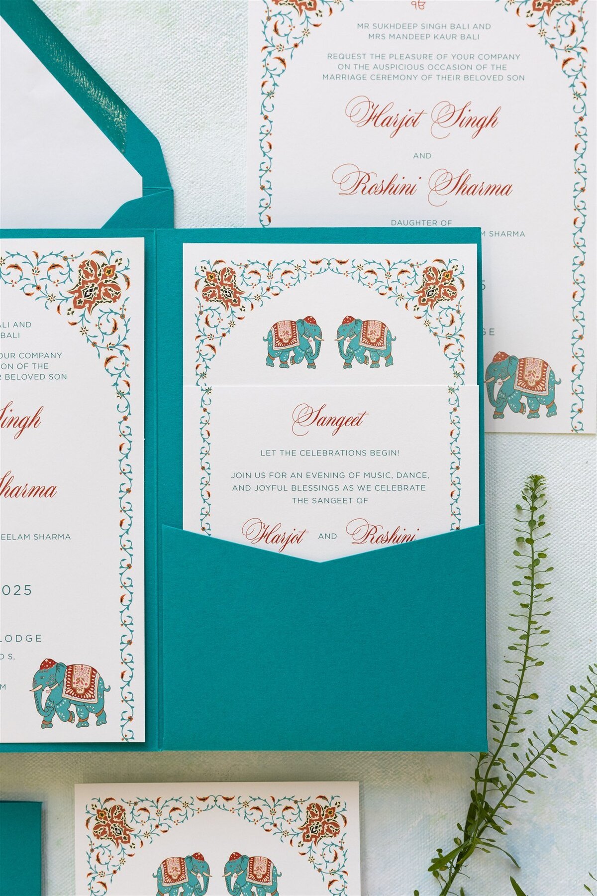 Teal pocket-fold wedding invitation 4
