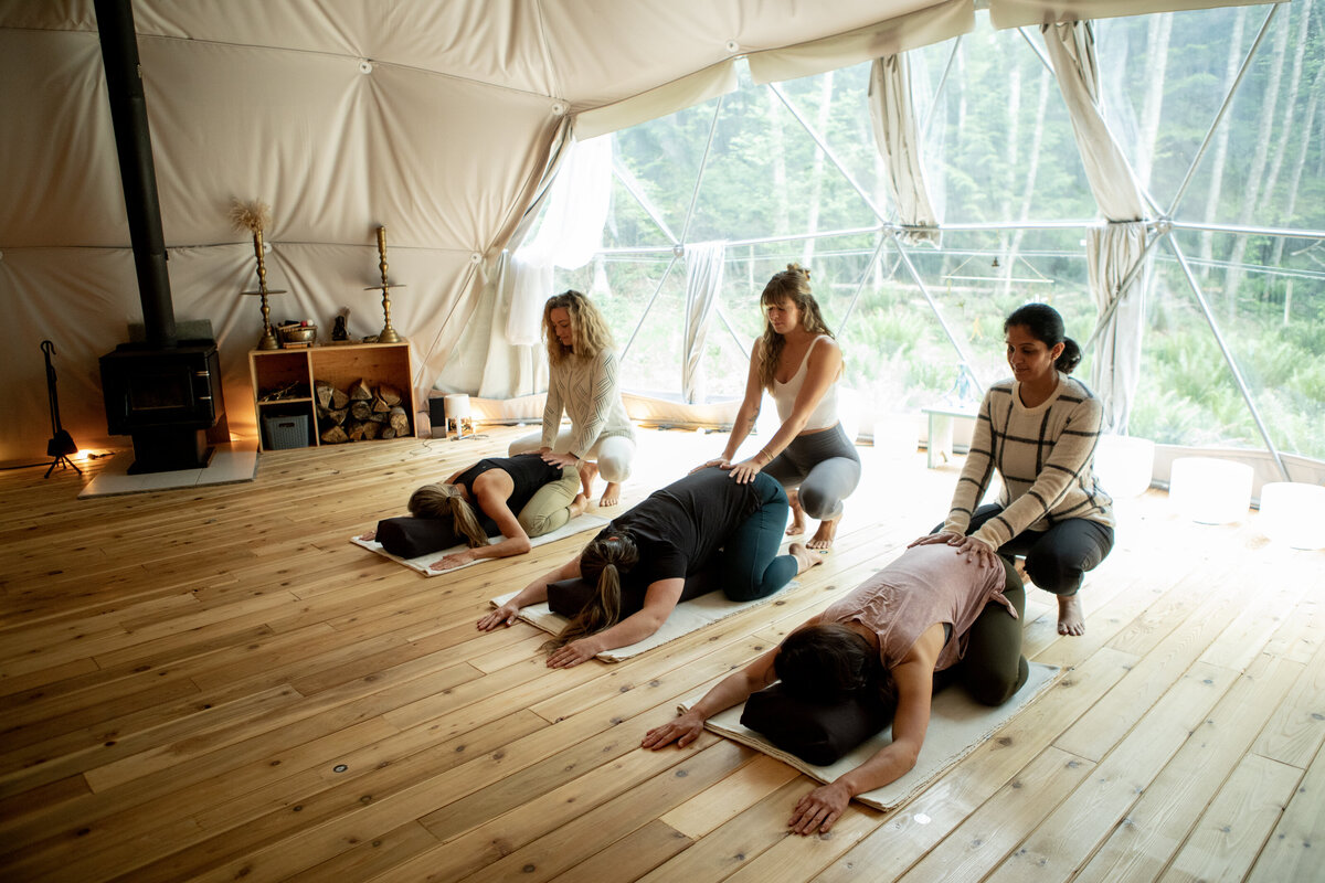 Nectar Dome Staff Group Yoga Childs Pose Vancouver British Columbia 06_2023 @abbydellphotography
