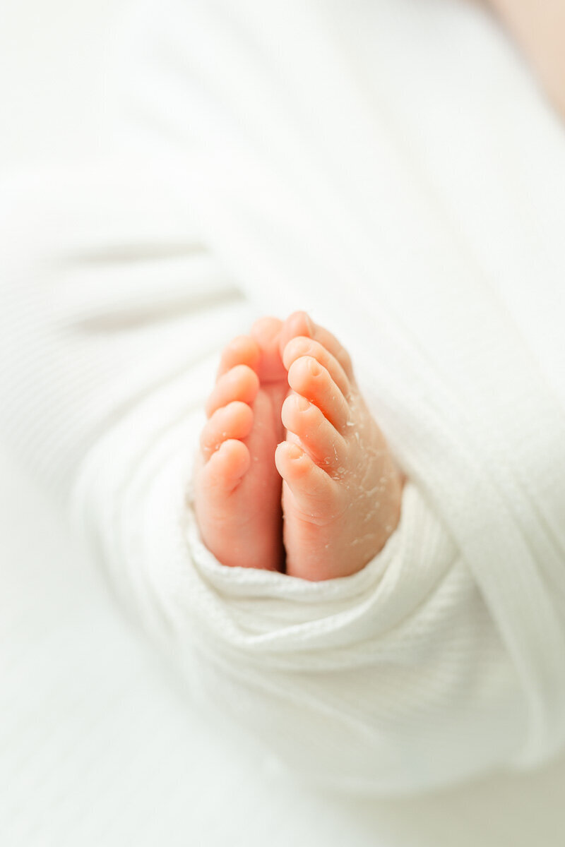 close-up shot of a newborn's feet wrapped in a white blanket.
