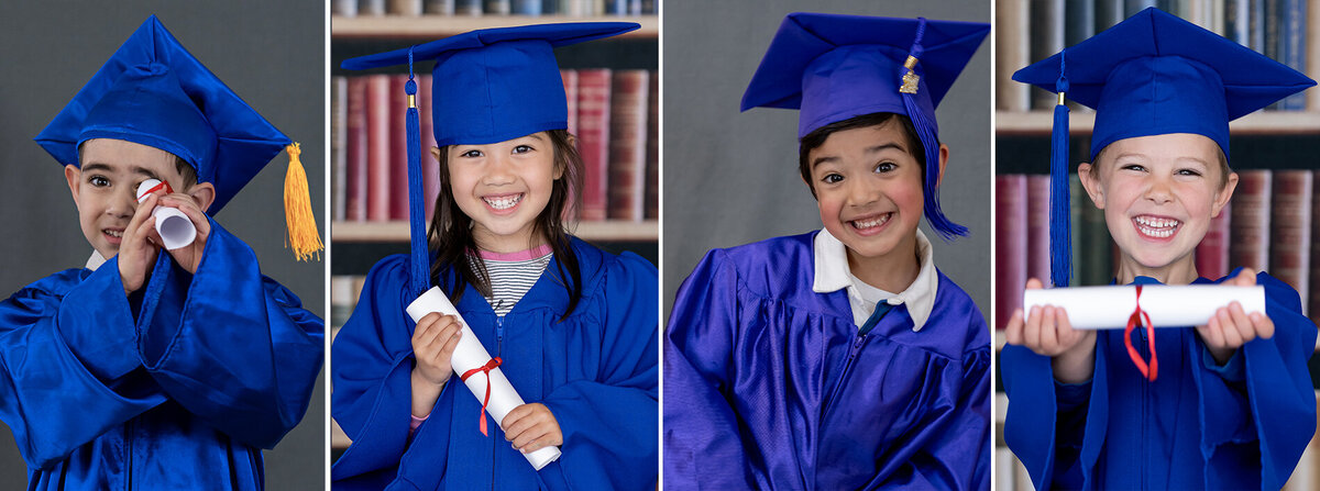 Kids in caps and graduation gowns, in Vancouver BC, holding diplomas