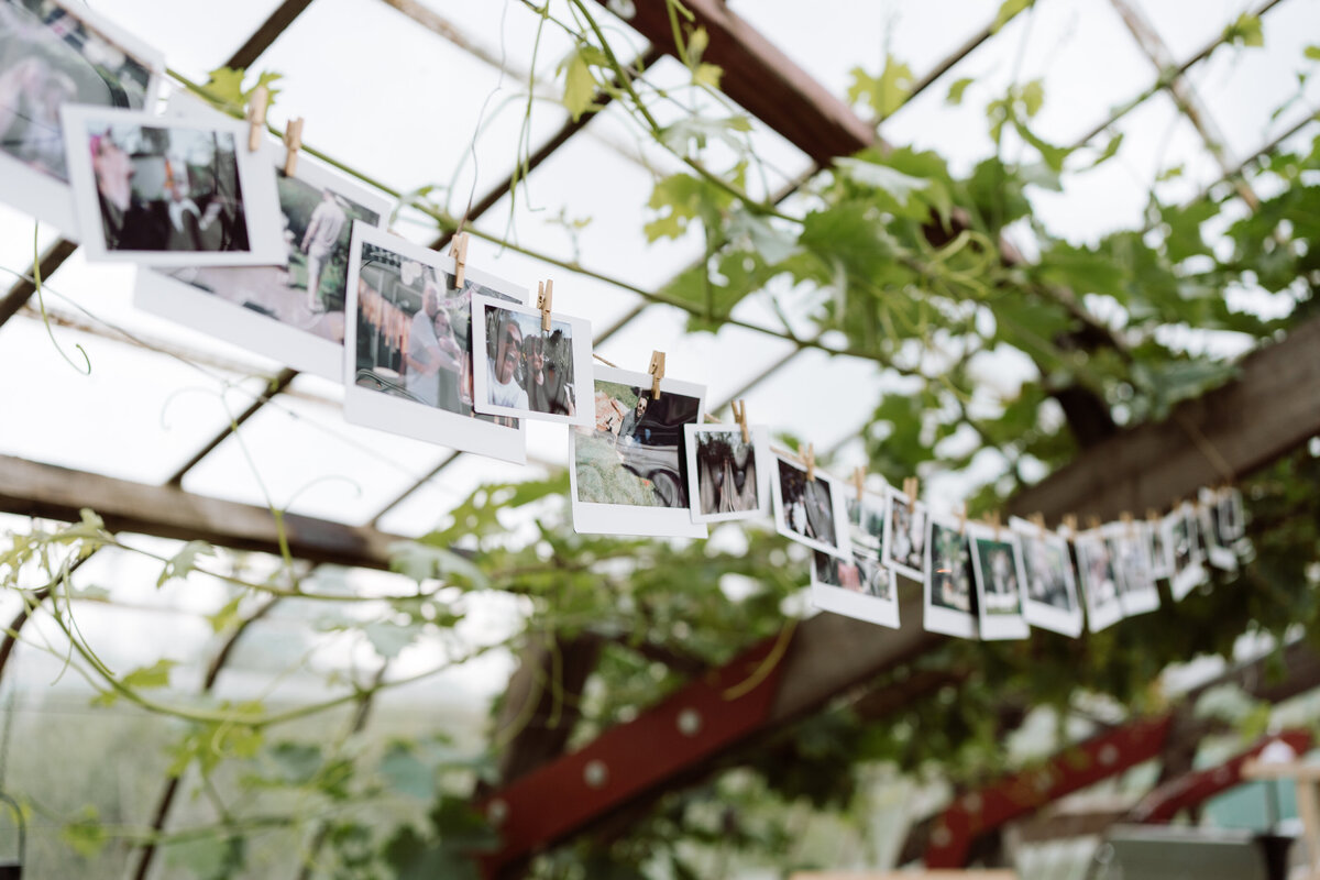 Leuk decoratie op de bruiloft. Een slinger met persoonlijke foto's. 