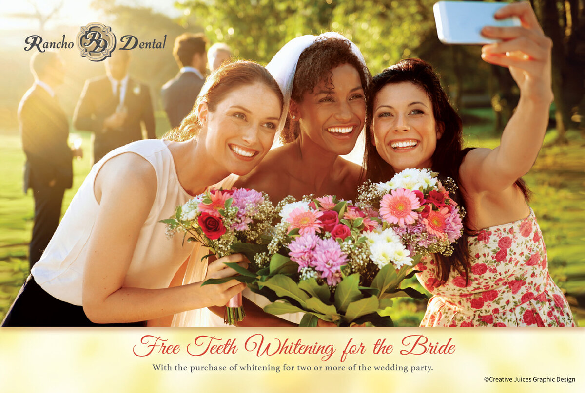 Postcard design, wedding season for a dental office, bright, dreamy design.