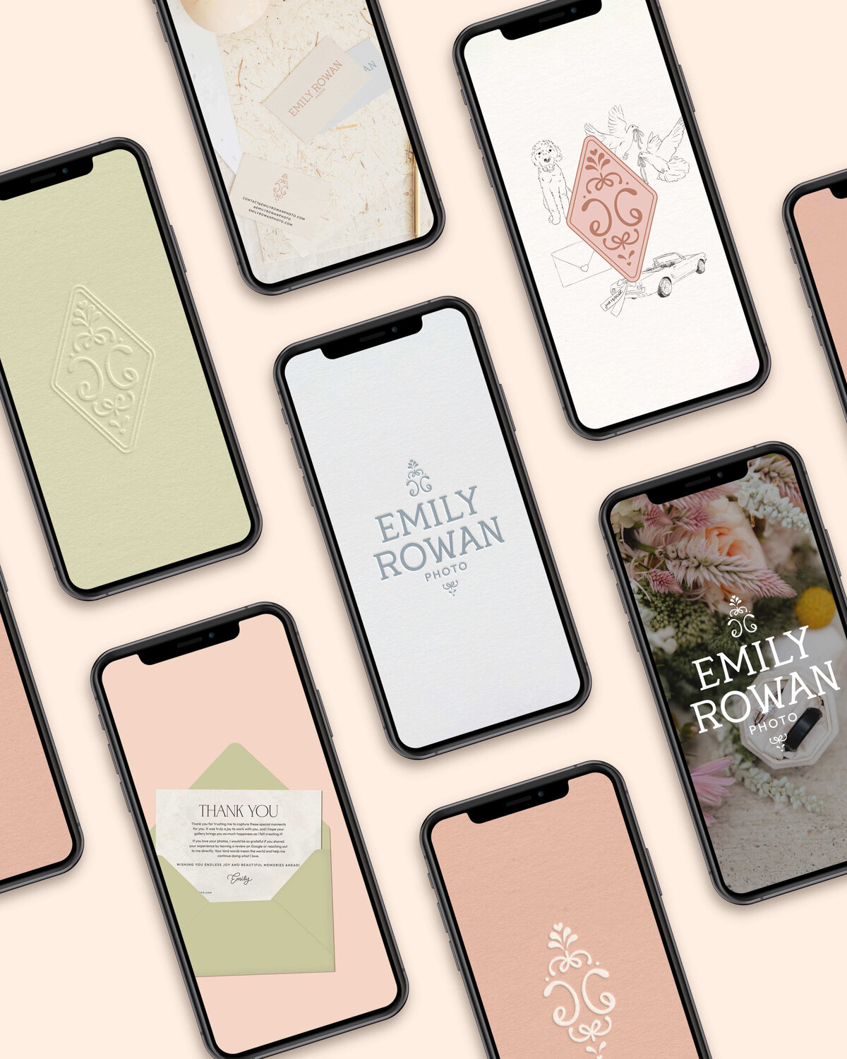 Romantic, editorial-inspired brand design for photographers featuring custom monograms, soft palettes, and modern typography.