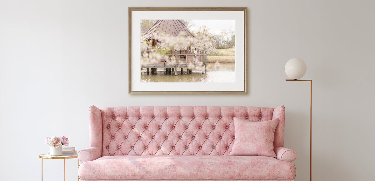 living room with pink couch and framed photo of expecting couple on the wall from a mini session with cherry blossom in Northern Virginia
