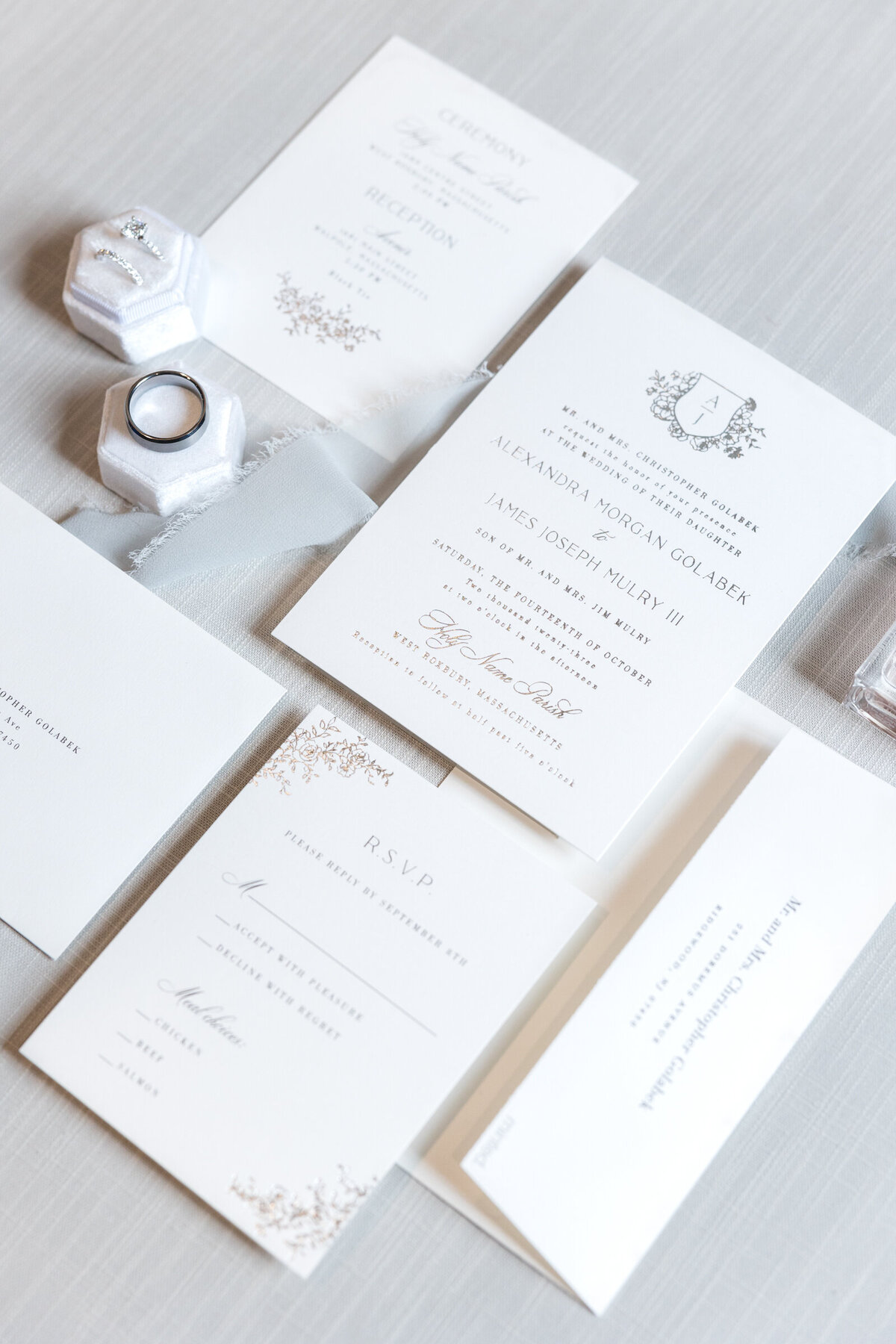 White and silver letter press wedding  invitations