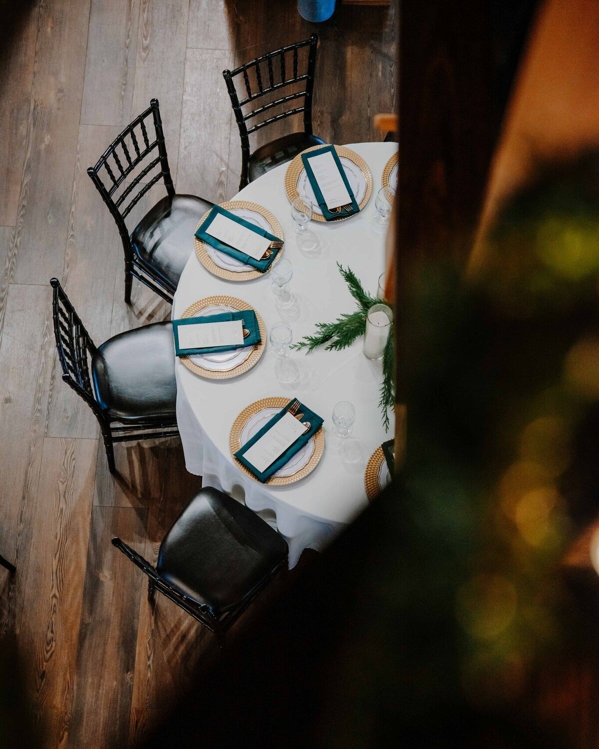 top view of a reception table at a wedding at chickadee hill farms in north carolina