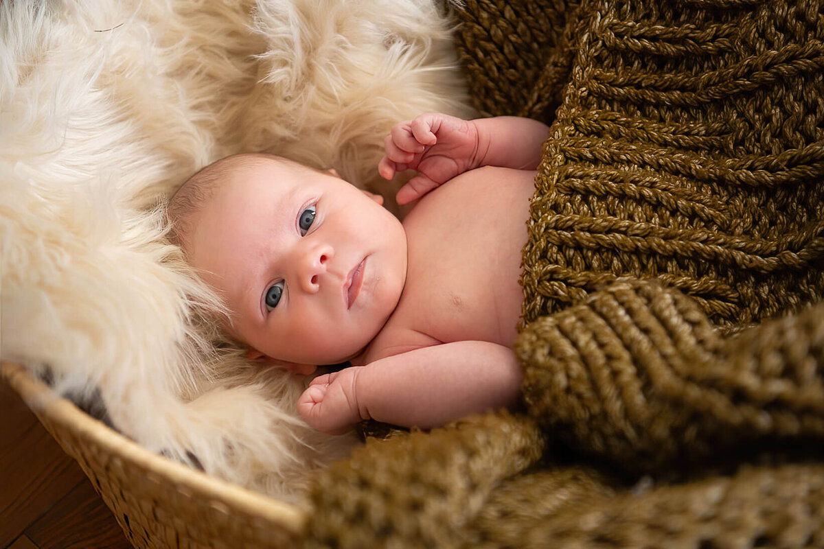 Newborn in a green blanket looking straight at the camera during a Wakefield photo session.