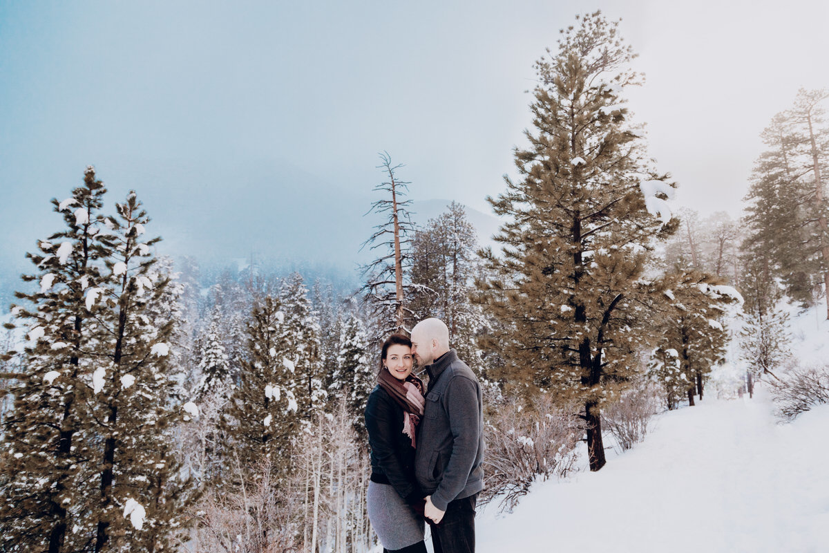 reno engagement pictures couple poses in snowy woods