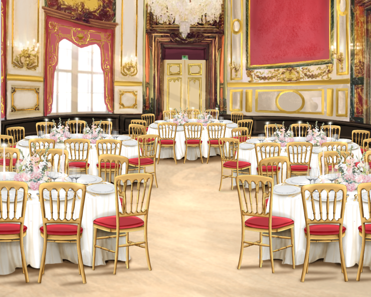 3-D floor plan of the oval room at palace Daun Kinsky Vienna for American Destination wedding couple, designed by ÈCLAT Destination Weddings