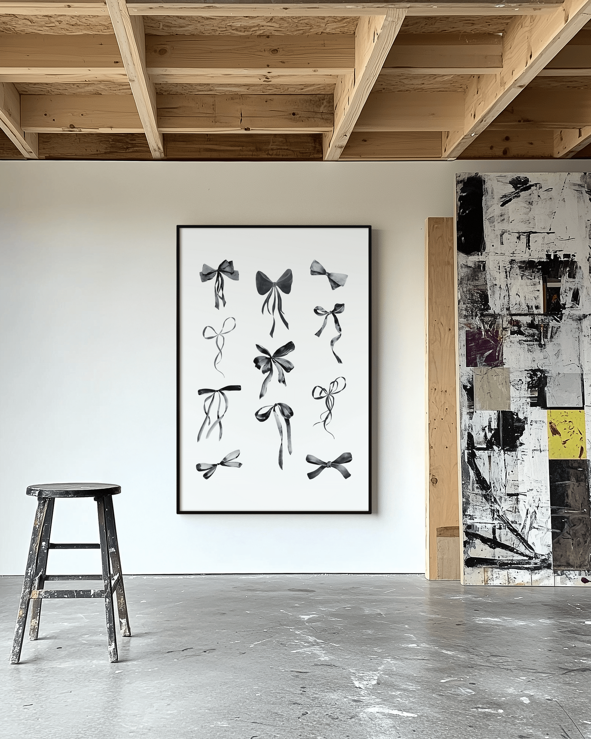 A minimalist room with a black stool, abstract wall art, and a large framed print of black bows by Sweet Pea Ink Design hangs on a white wall beneath an exposed wooden ceiling.