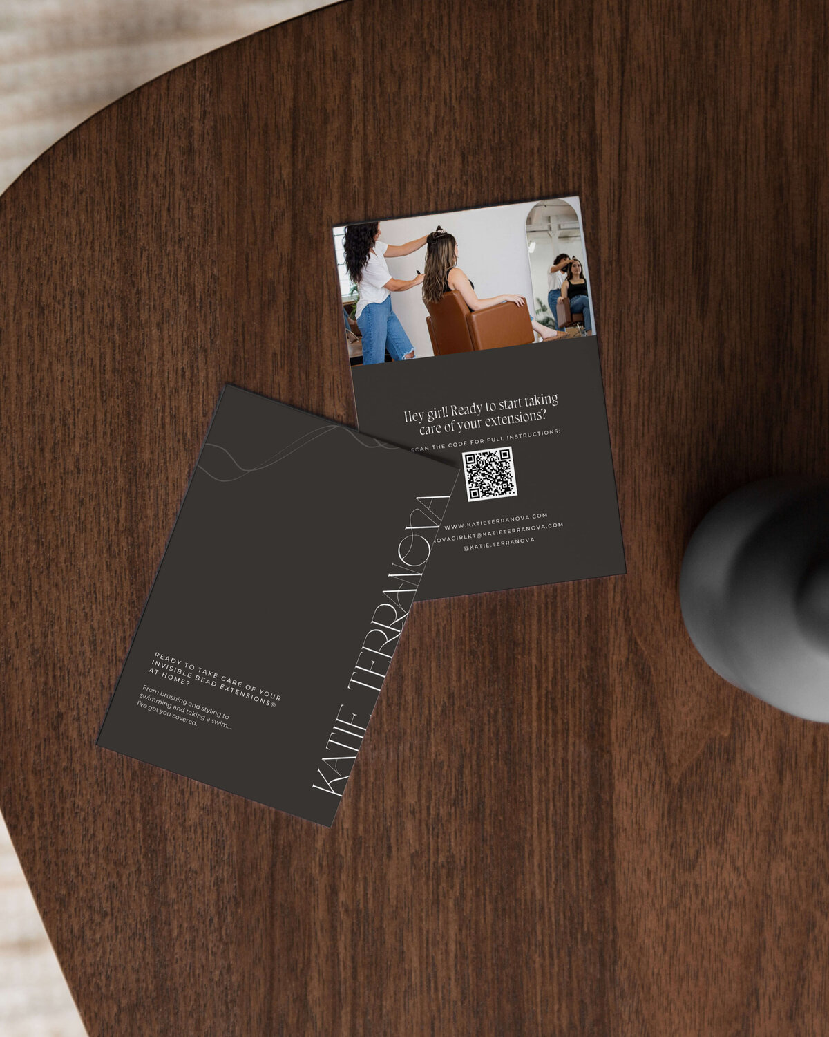hair extension care card design, featuring sophisticated and clean brand identity