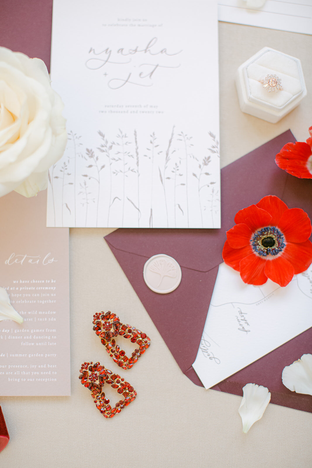 180  - Written by Emily Wedding Stationary Planner - Maila Enea Wedding Planner - Dangle Crystal Drop Earrings - Swarovski Sunshine Rose Gold Ring - English Garden Rose - Red Poppy Flower - London UK - Joana Senkute Photography