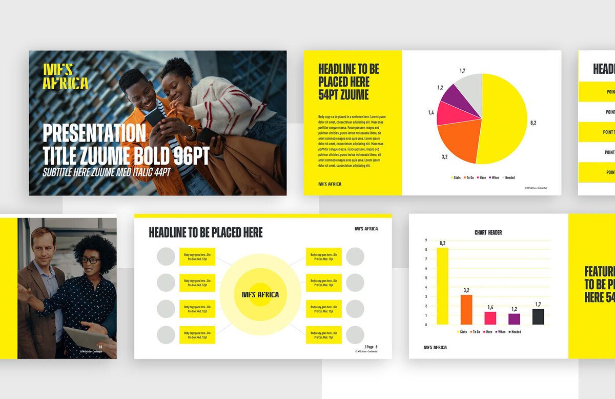 Presentation template designed for mfsafrica  portfolio piece showcasing 5 varying slides with graphs and charts using yellow and black as the primary colors