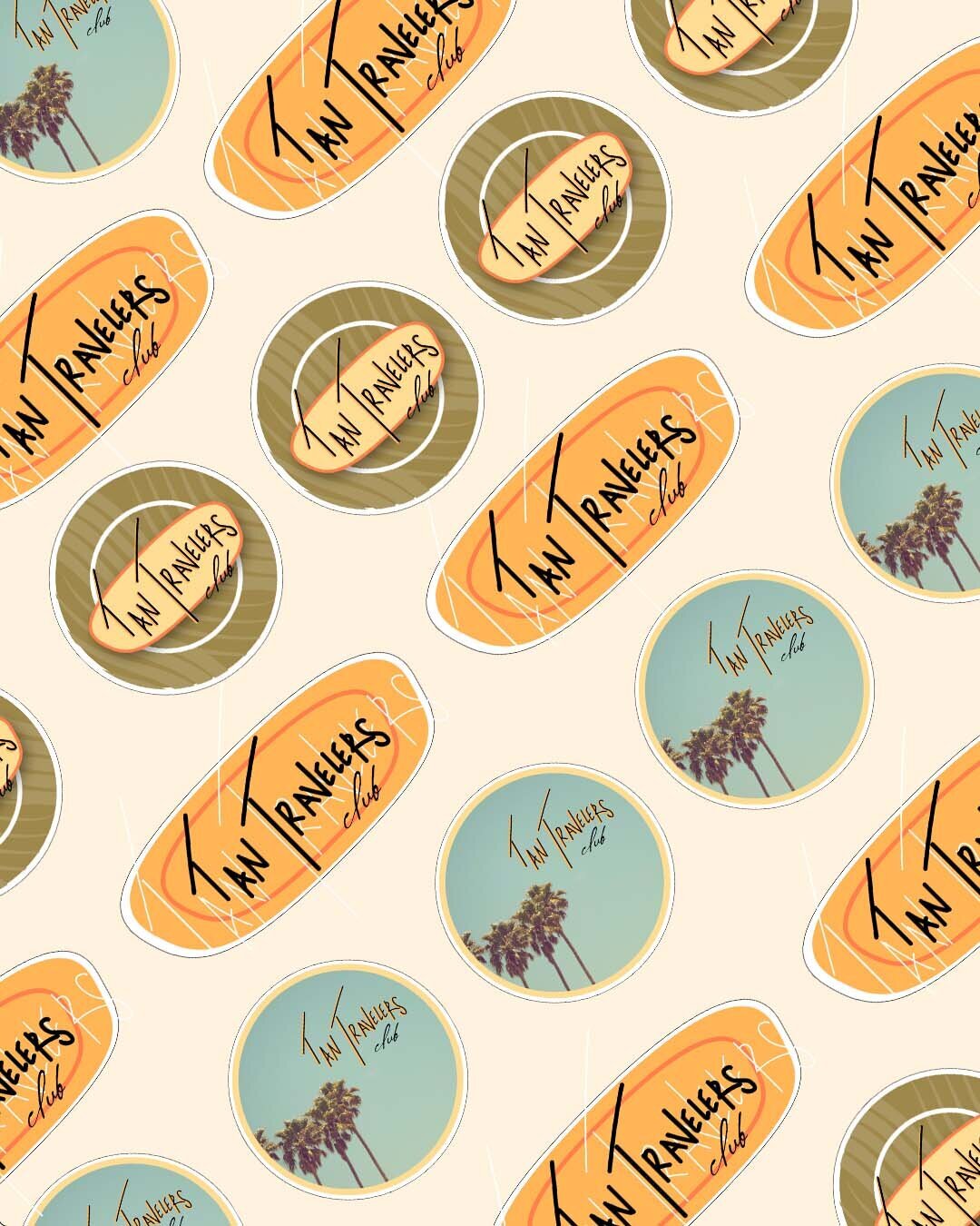 three sticker designs displayed diagonally in a pattern
