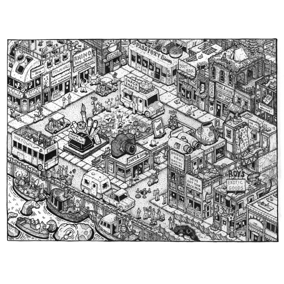 Isometric Pen and Ink illustration of a giant octopus that delivers the mail to a small house on stilts above the water.