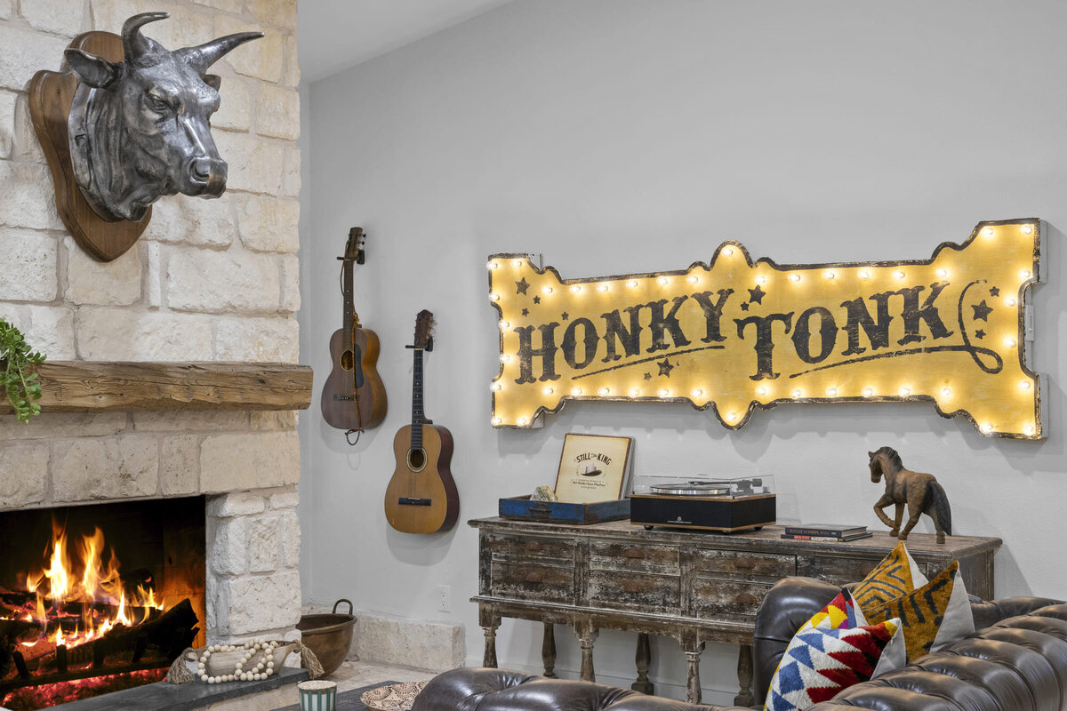 Honky Tonk sign in a living room Wimberley
