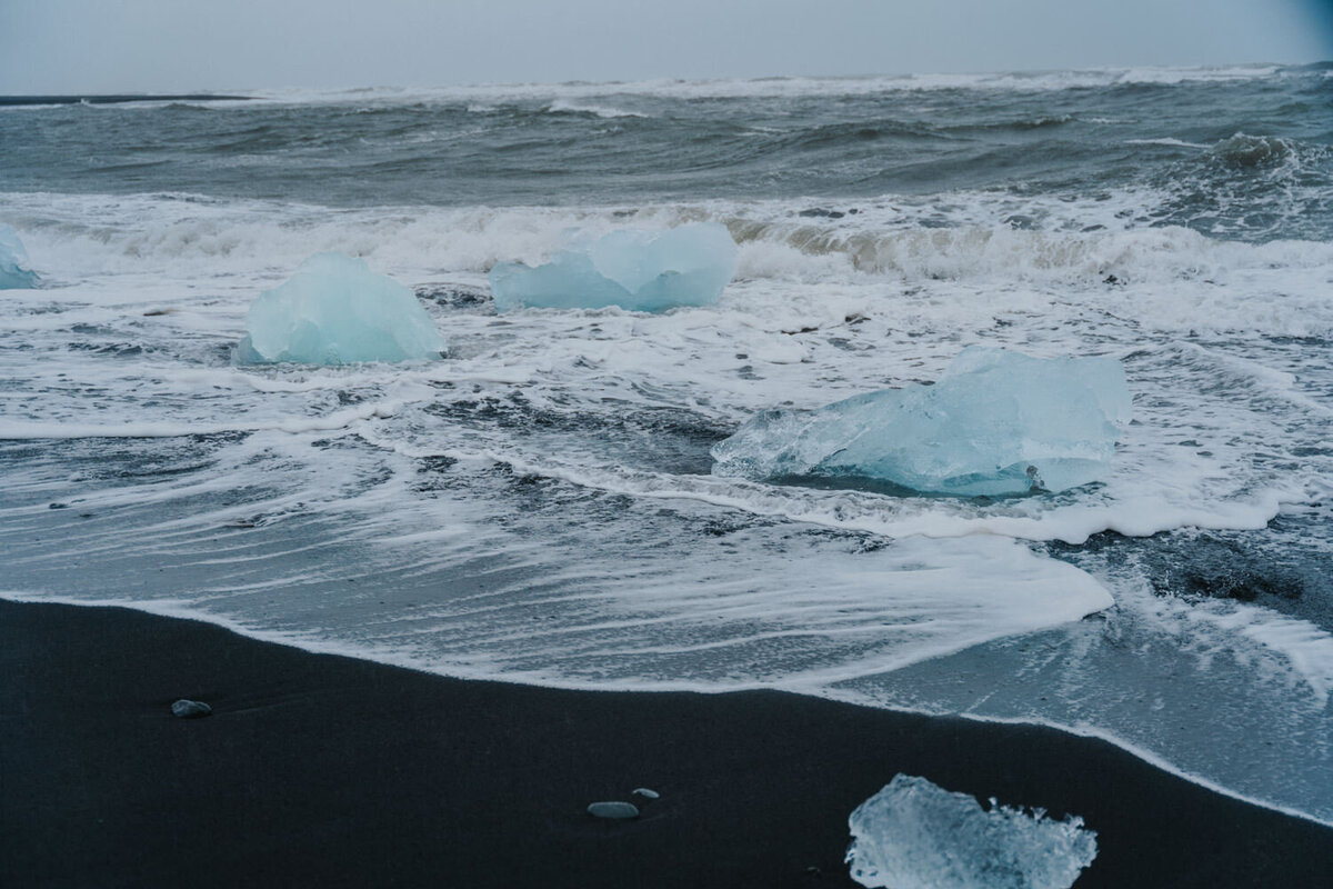 Water meets the sand on the Black Sand Beaches of Iceland 