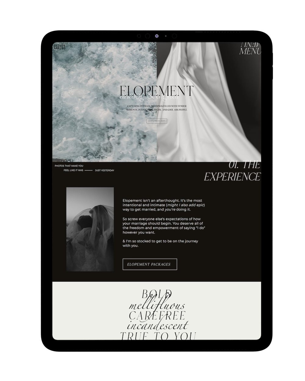 Mockup of a tablet for wedding and elopement wedding photographer copy and web design project.