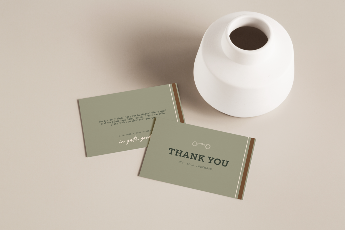 Minimalist olive green thank you note design with equestrian illustration