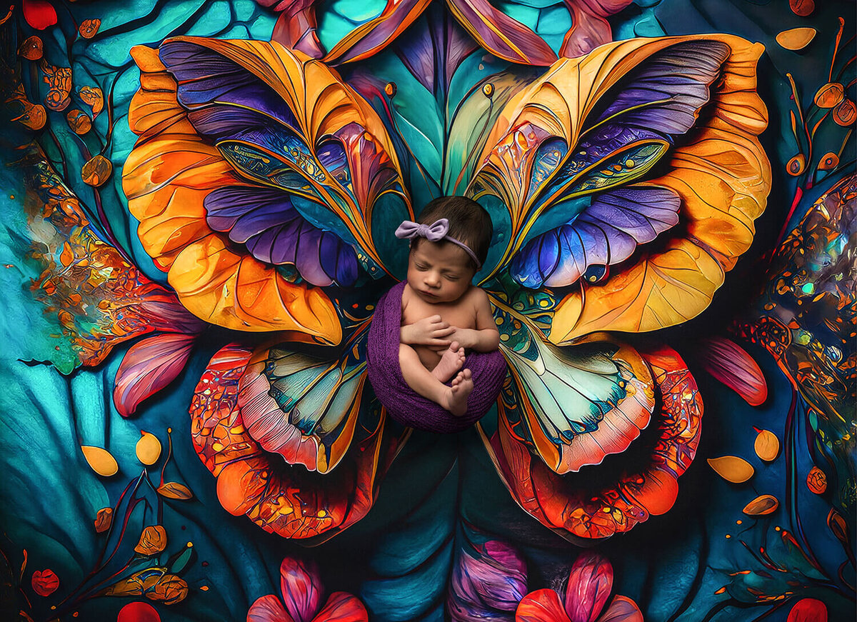 newborn laying on colorful wings