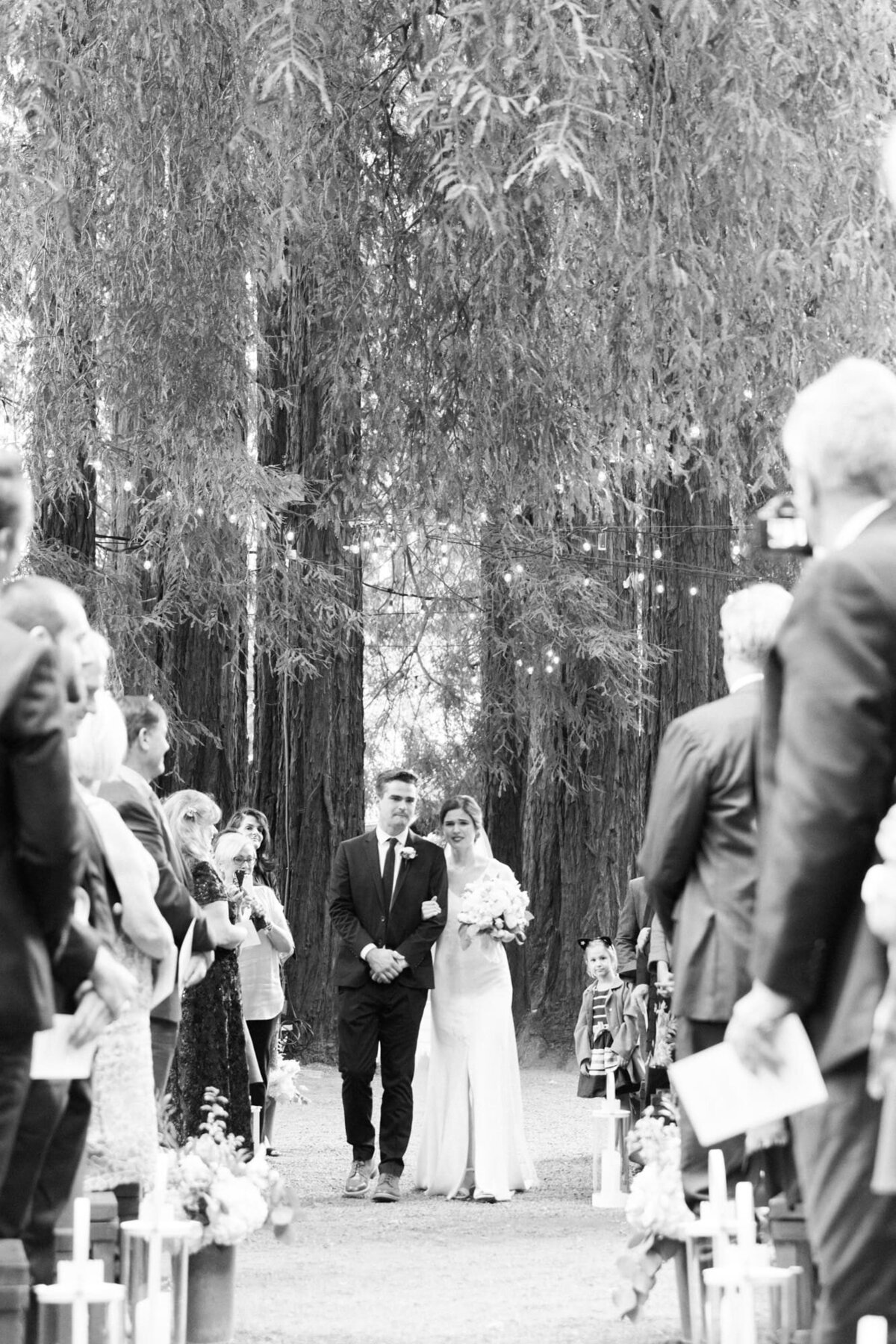 Guests at the wedding ceremony stand in celebration of the marrying couple walking down the aisle. Forest wedding photography in Washington by Robin Jolin.