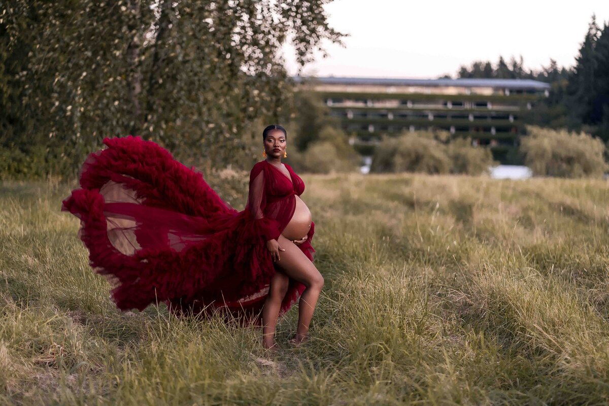 Luxury Maternity Photographer Outdoors Film Editorial Field Red dress POC Lana Stewart Studios
