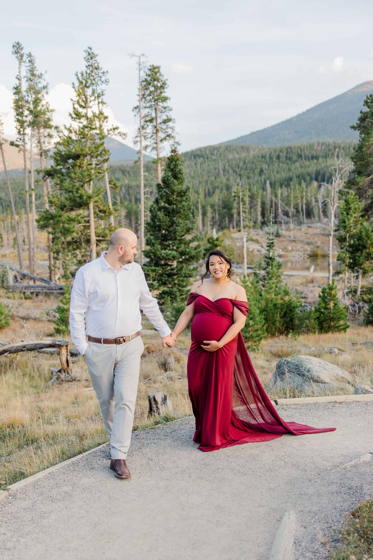 maternity session with gown at Sprague Lake, RMNP