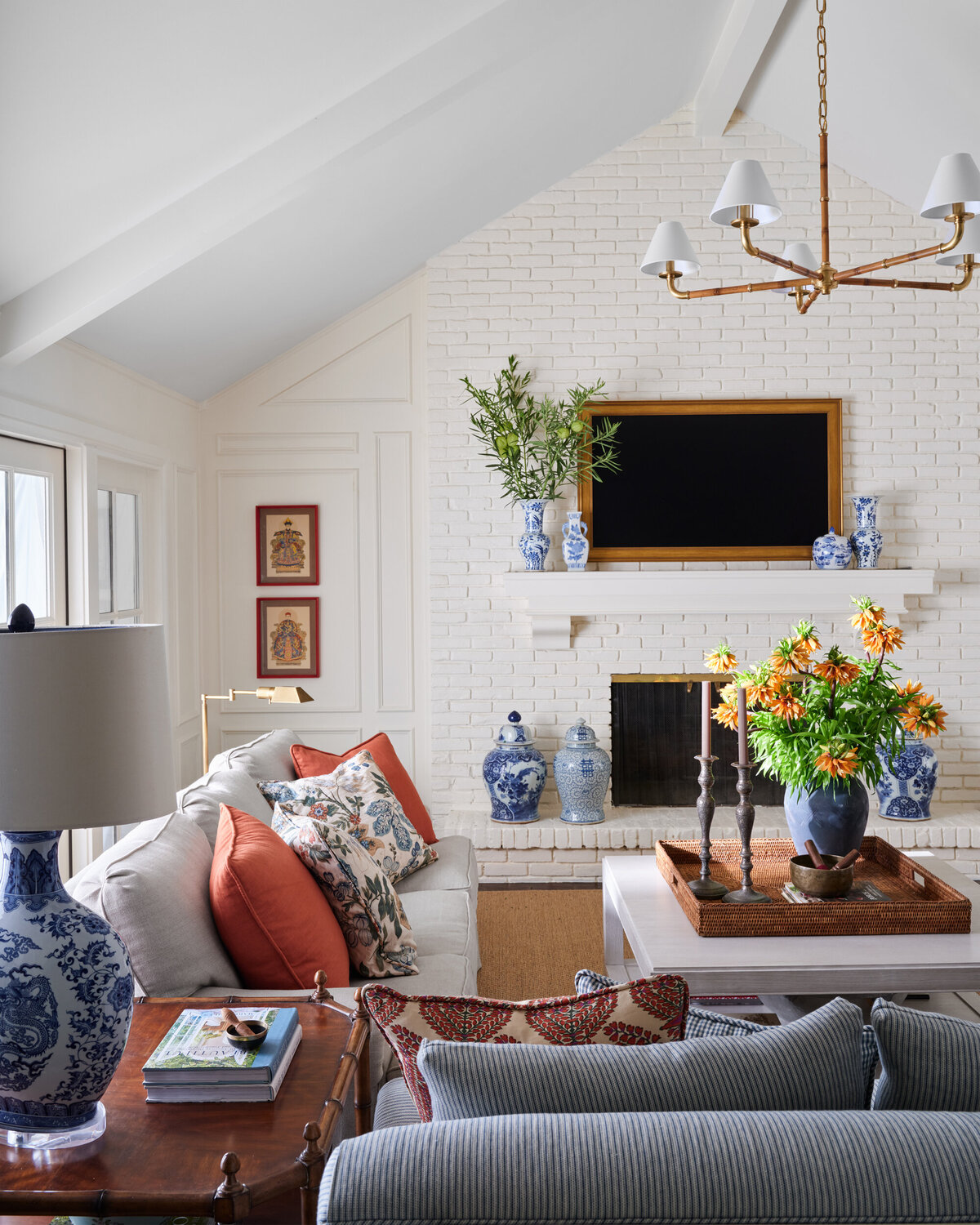 Blue and White Inspired Family Room, White Brick Fireplace,  Pitched Ceiling