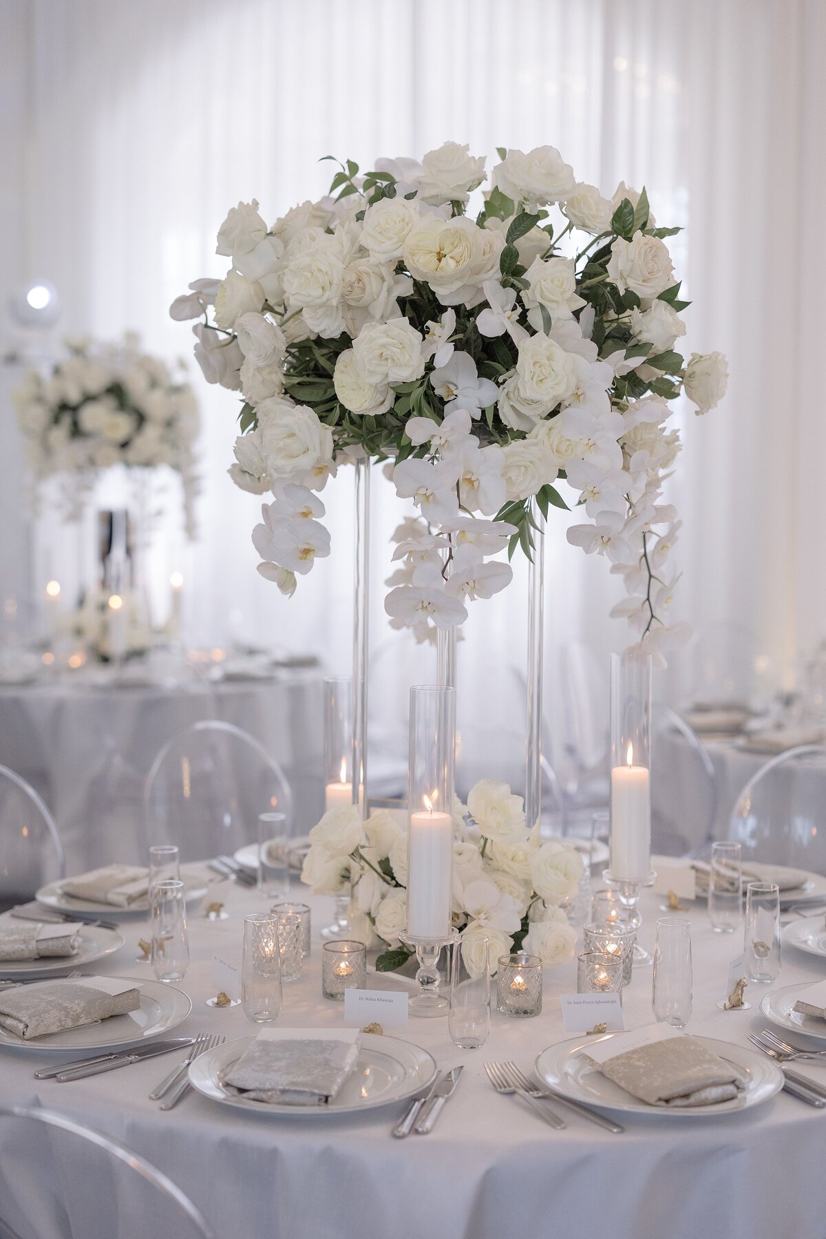 Modern clear reception decor by Stone Blossom at Belle Mer, Newport.