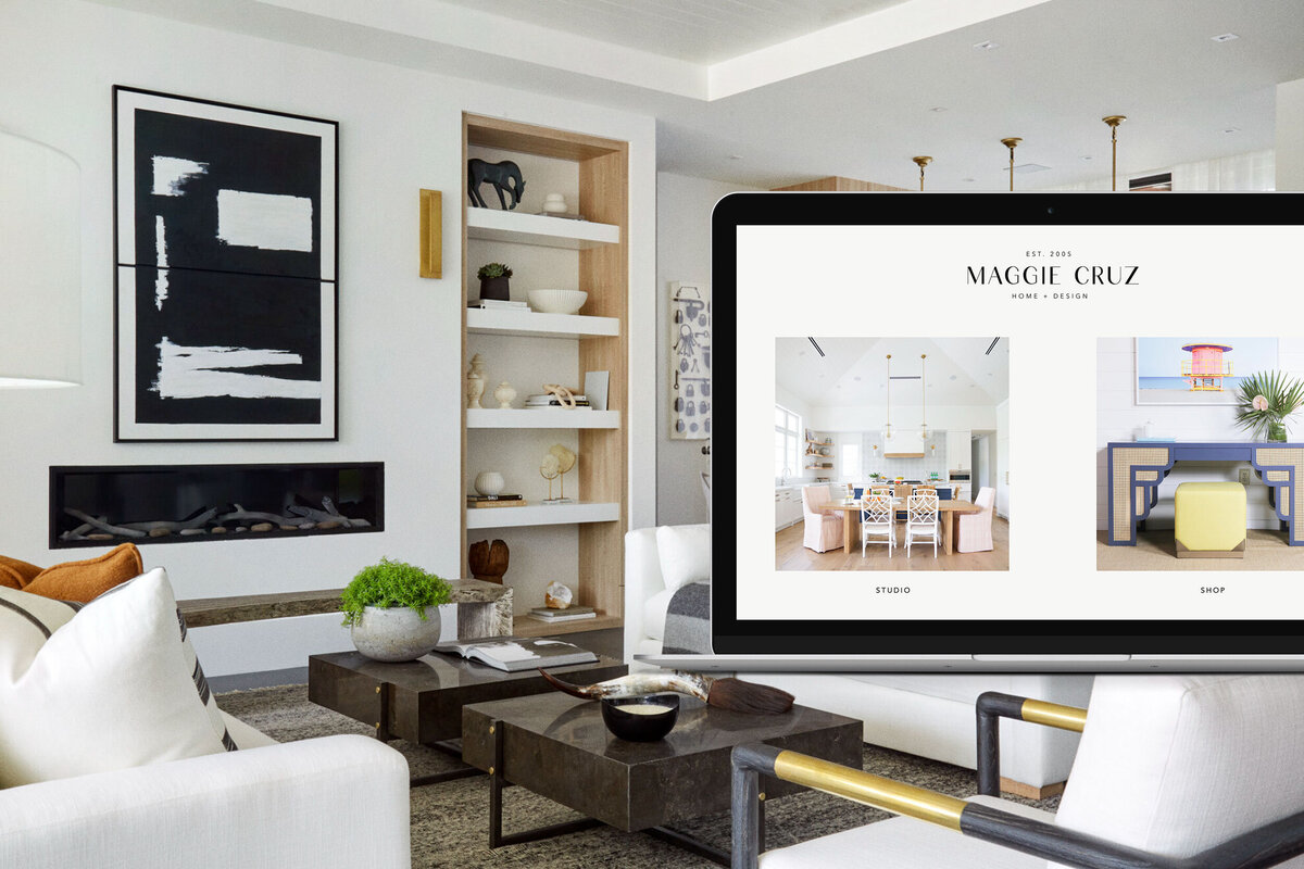 Mac Laptop mockup of Maggie Cruz Home landing page with living room interior image as background image