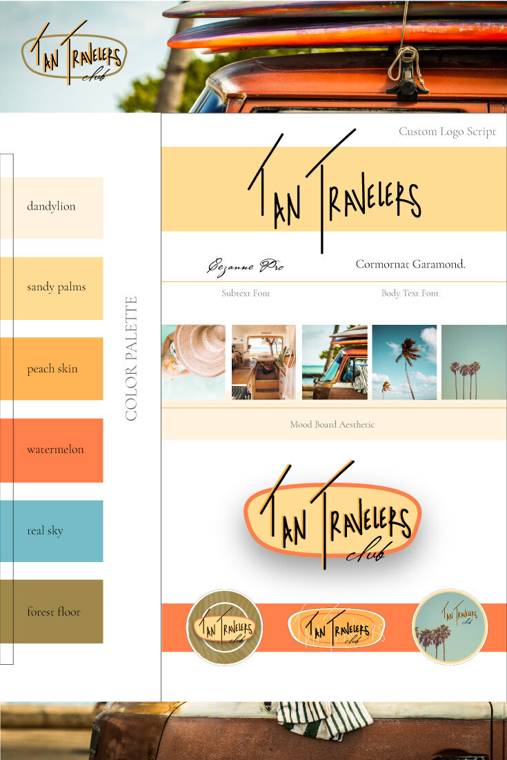 colors, fonts, logo, and sticker design on a brand board page