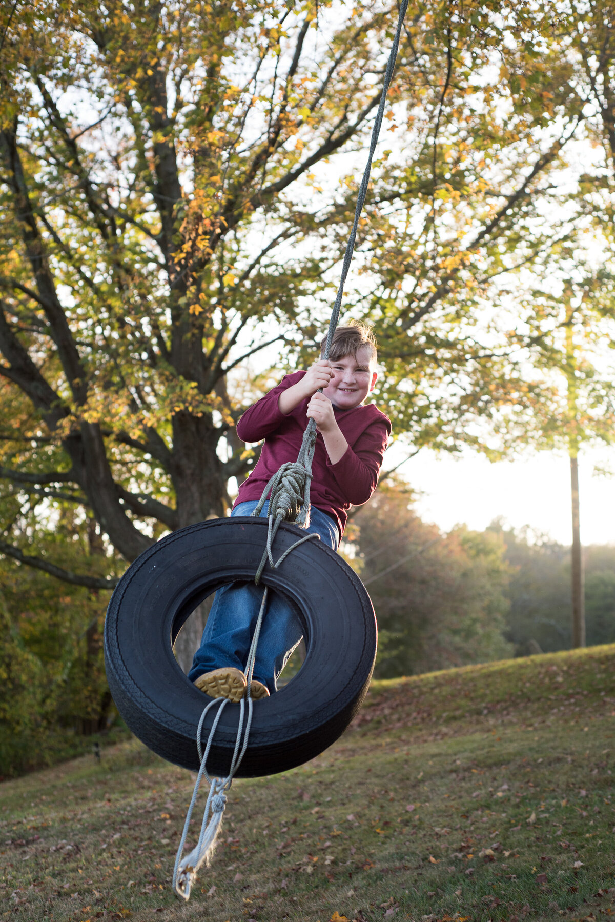 Boy on a tire swing