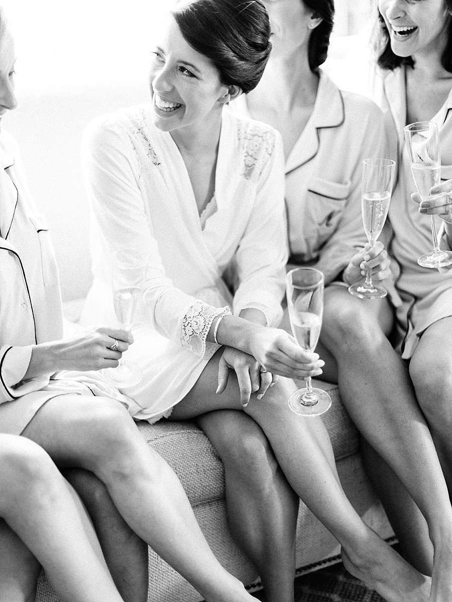 Bride and Bridesmaids in Robes for Getting Ready Photos Black and White © Bonnie Sen Photography