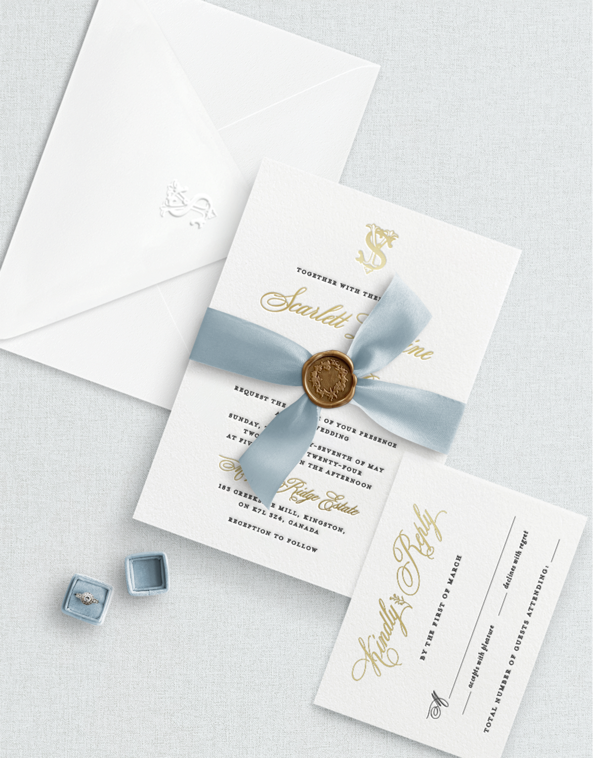 gold foil wedding invitation-with ribbon and wax seal