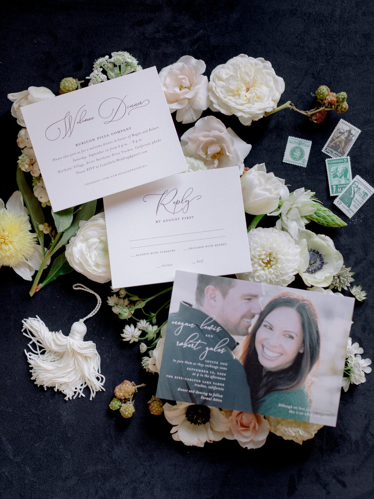 wedding invitation florals flat lay classic The Ritz Carlton Lake Tahoe wedding Sikora Events